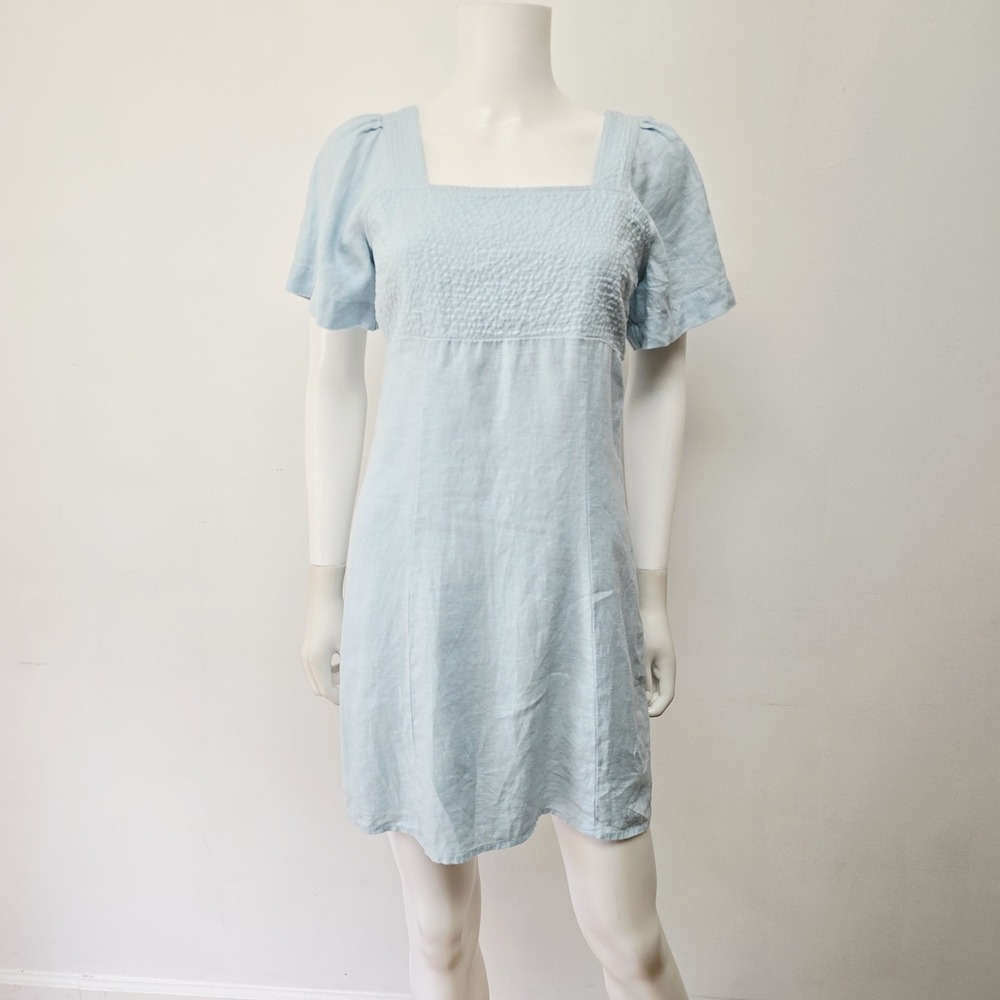 Madewell 100% Linen Square Neck Light Blue Mini Dress Preppy Flutter Slv Size 2